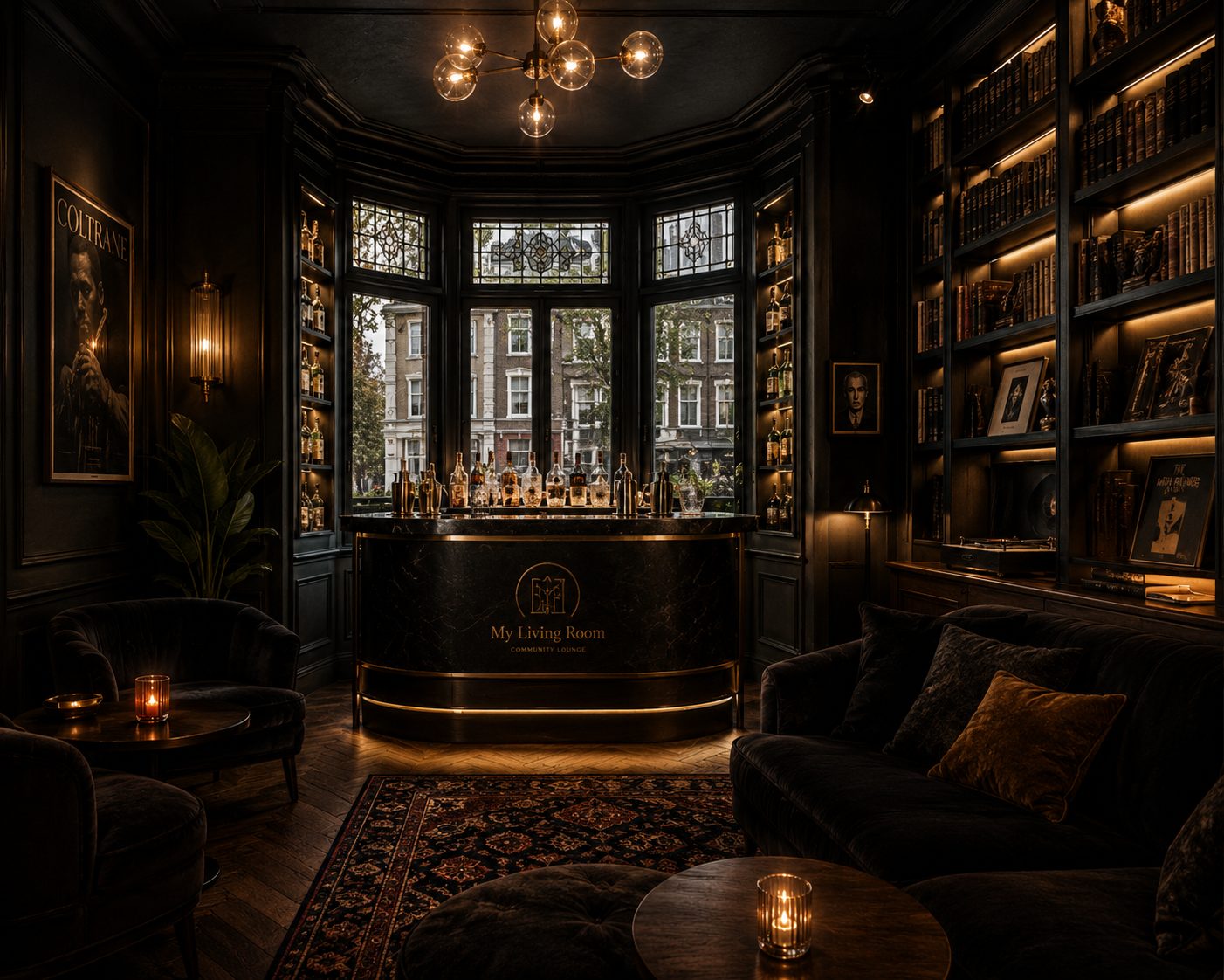 The First Floor Lounge — candlelit library and cocktail lounge